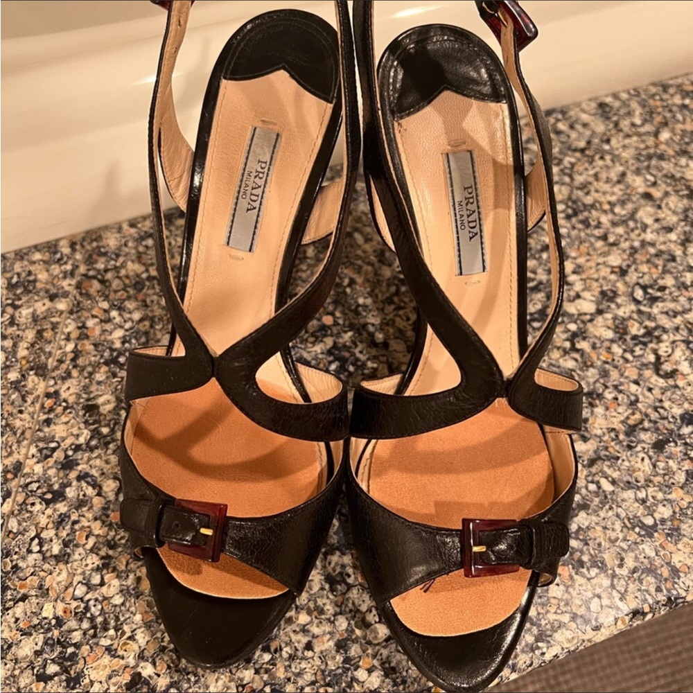 PRICE DROPPED!! Prada black leather sling back sandals heels size 37.5